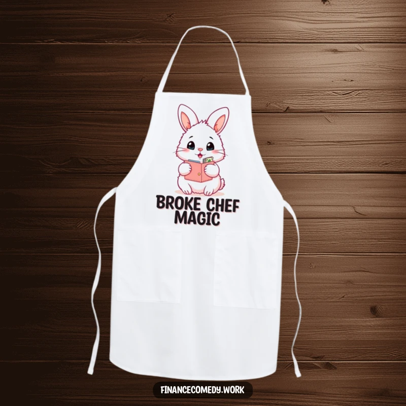 Funny bunny apron, fluffy rabbit with an open wallet looking surprised by its contents, perfect for kitchen and funny surprises.
