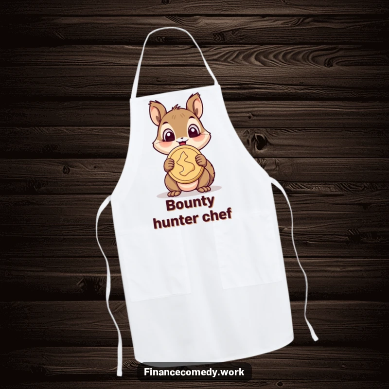 Funny squirrel apron, cheerful squirrel wide-eyed with delight holding a giant coin, perfect for cooking and kitchen fun.