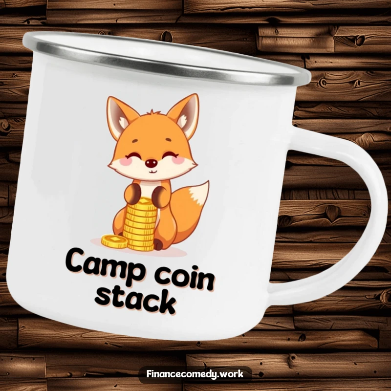 Funny fox camping mug, playful character balancing a stack of gold coins on its nose, perfect for outdoor adventures and coffee.