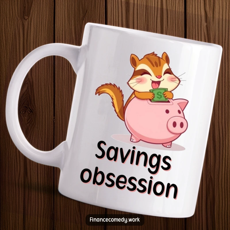 Funny chipmunk mug, determined character stuffing money into a piggy bank with glee, celebrating saving and fun.