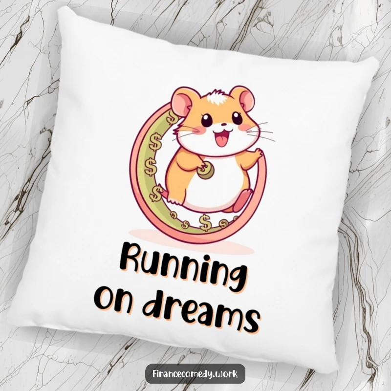 Funny hamster pillow, happy character running on a wheel made of currency symbols, perfect for cozying up with humor.
