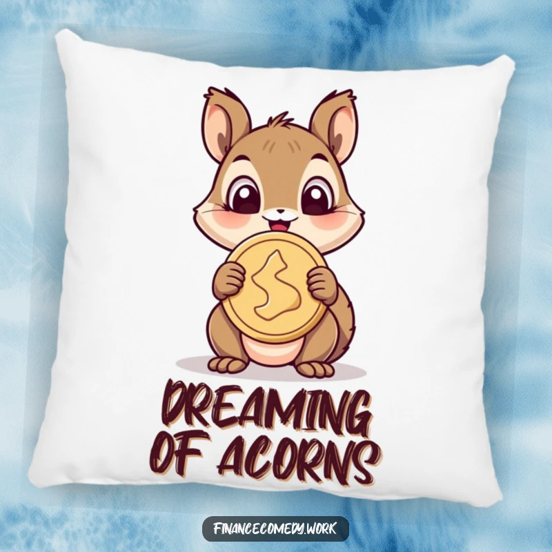 Funny squirrel pillow, a cheerful squirrel wide-eyed with delight holding a giant coin, perfect for cozying up with humor.