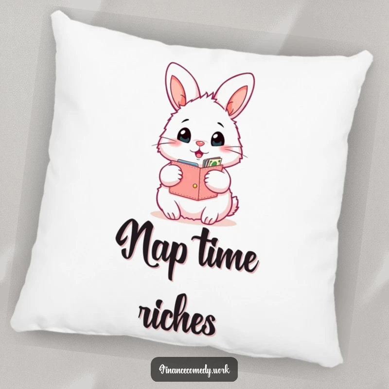 Funny bunny pillow, fluffy rabbit with an open wallet looking surprised by its contents, perfect for cozying up with humor.