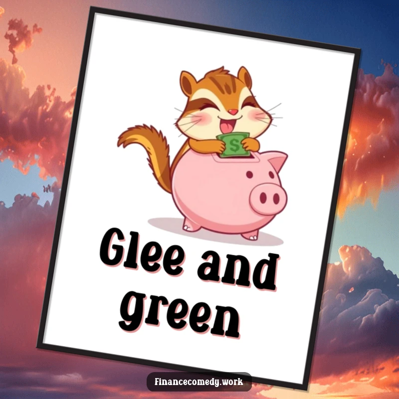 Funny chipmunk digital art print, determined chipmunk gleefully stuffing money into a piggy bank, symbolizing financial success and drive.