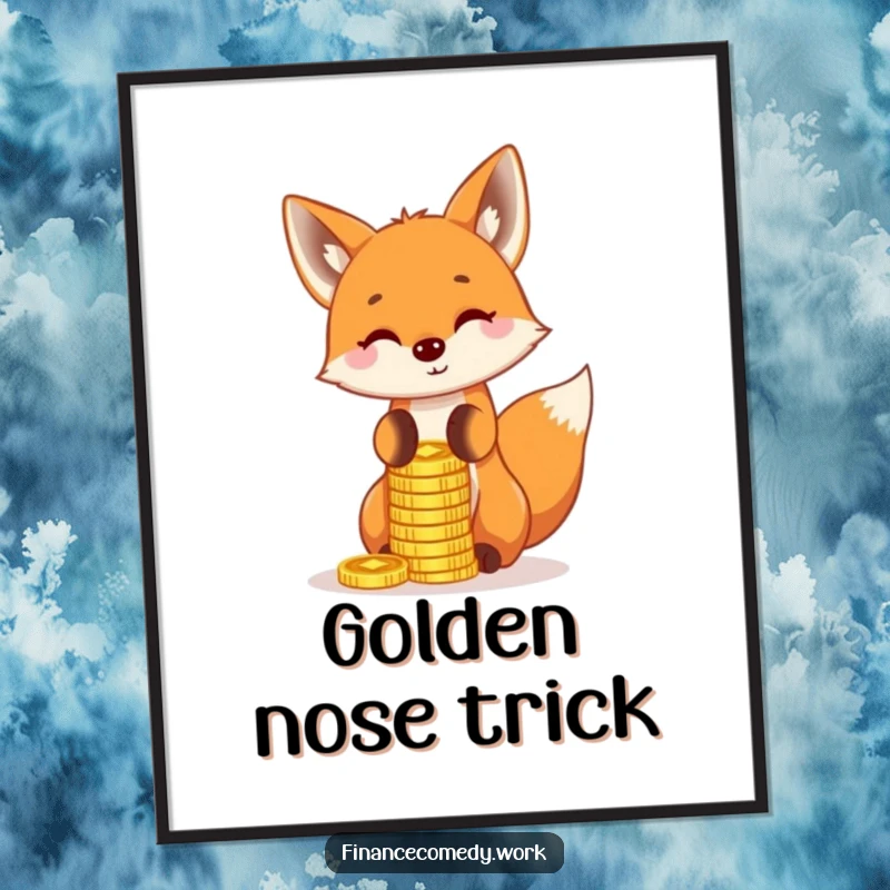 Funny fox digital art print, playful character balancing a stack of gold coins on its nose, symbolizing skill and balance.