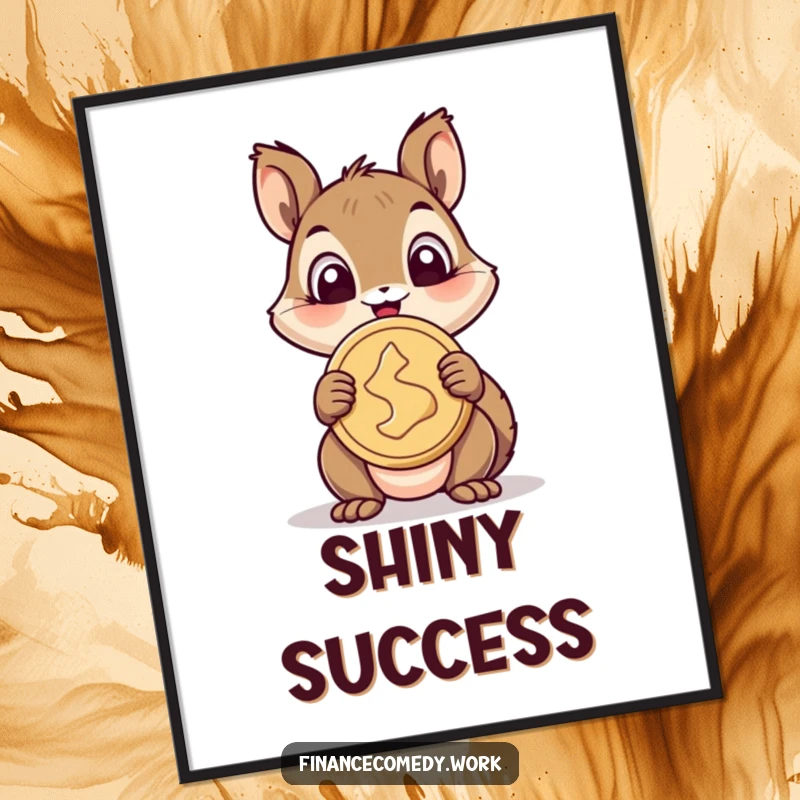 Funny squirrel digital art print, cheerful squirrel wide-eyed with delight holding a giant coin, symbolizing happiness and wealth.