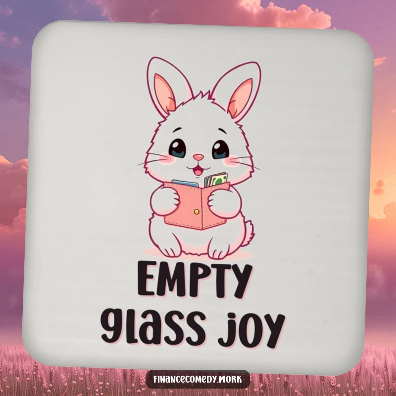 Funny bunny coaster, fluffy rabbit with an open wallet looking surprised by its contents, protecting surfaces with humor and charm.