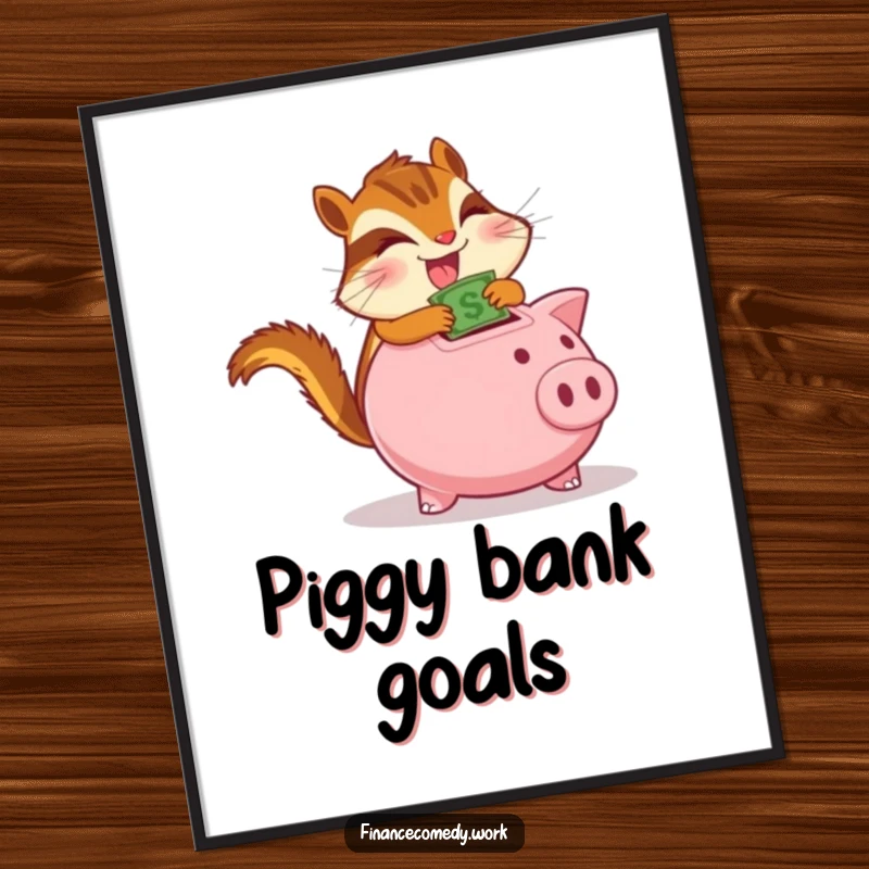 Funny chipmunk poster, determined chipmunk gleefully stuffing money into a piggy bank, symbolizing financial determination, funny wall art.