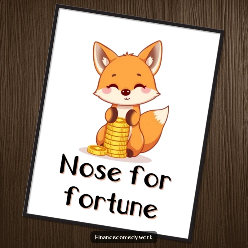 Funny fox poster, playful character balancing a stack of gold coins on its nose, symbolizing skill and humor, funny wall art.