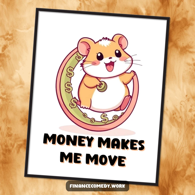 Funny hamster poster, happy character running on a wheel made of currency symbols, symbolizing hustle and motivation, funny wall art.