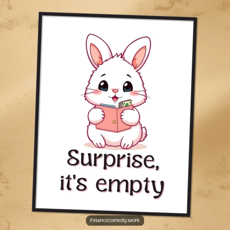 Funny bunny poster, fluffy rabbit with an open wallet looking surprised by its contents, symbolizing humor and surprise, funny wall art.