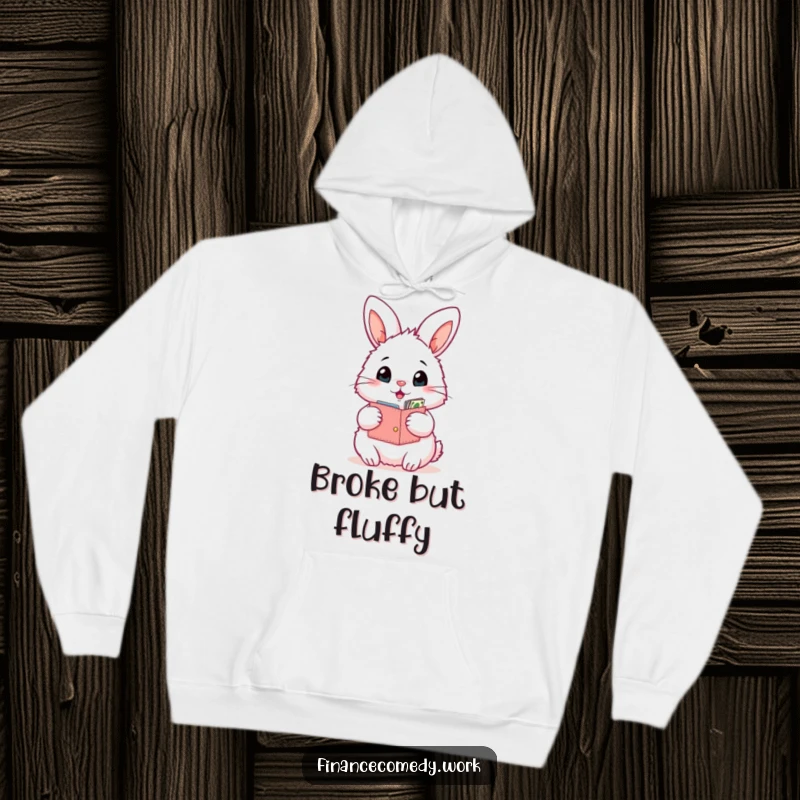 Funny bunny hoodie, fluffy rabbit with an open wallet looking surprised by its contents, symbolizing humor and comfort, cozy funny gift.