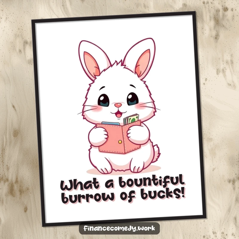 Funny Free Printable Wall Art: A fluffy bunny with an open wallet, eyes wide in surprised delight.