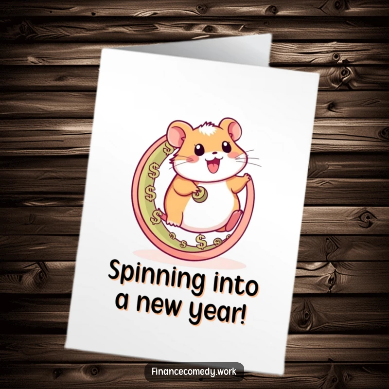 Funny Free Printable Birthday Card: A happy hamster runs on a wheel crafted from dollar and euro symbols.