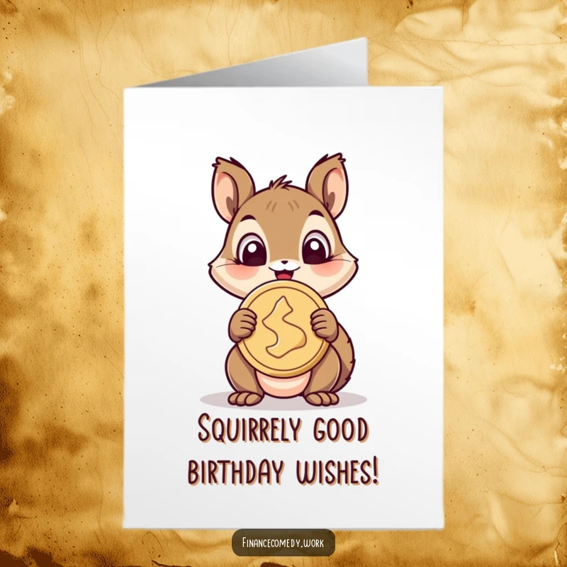 Funny Free Printable Birthday Card: A joyful squirrel beaming, clutching a massive golden coin, ready to celebrate.