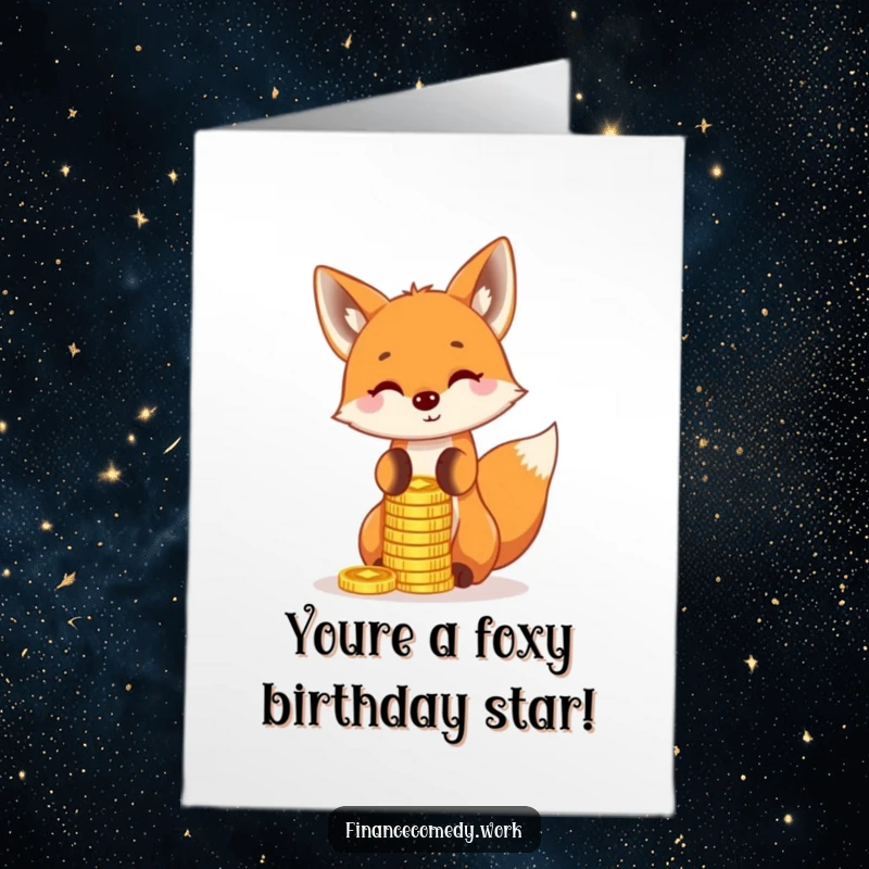 Funny Free Printable Birthday Card: A playful fox expertly balances gold coins on its nose with a sly grin.