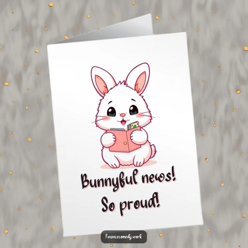 Funny Free Printable Congratulations Card: A fluffy bunny shows surprise at the unexpected contents of its open wallet.