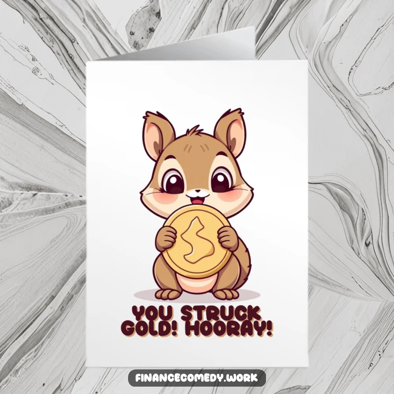Funny Free Printable Congratulations Card: A delighted squirrel holding a huge coin, celebrating success with wide eyes.