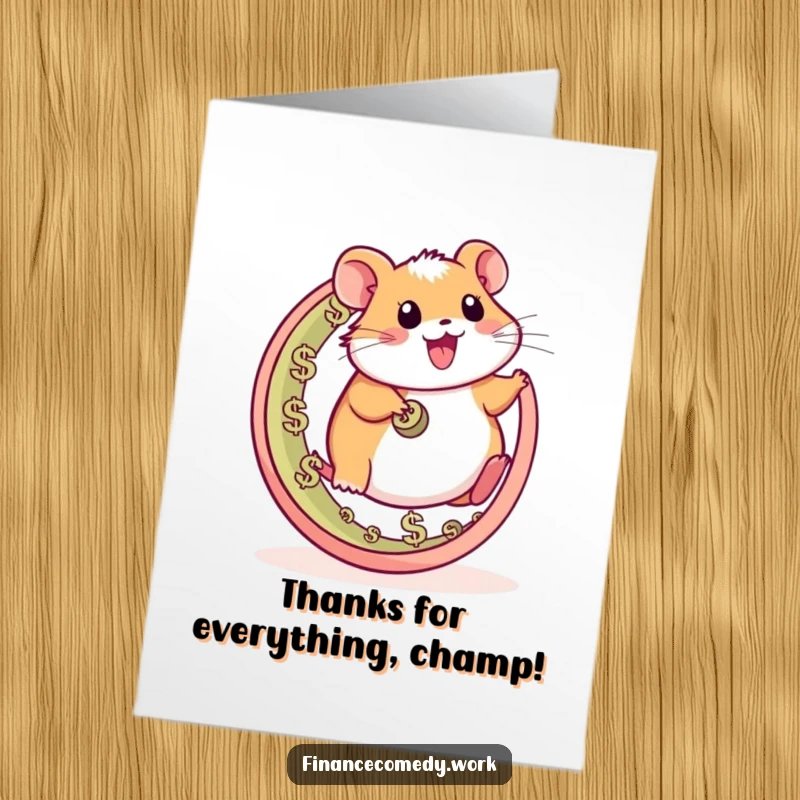 Funny Free Printable Thank You Card: A happy hamster runs on a wheel of currency symbols, expressing thanks.