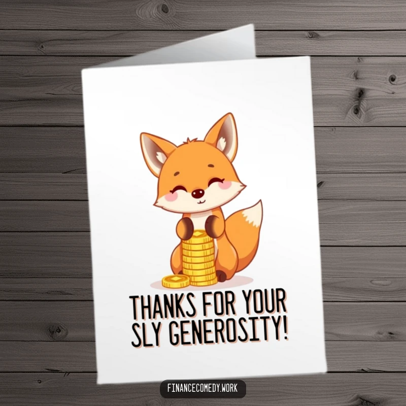 Funny Free Printable Thank You Card: A playful fox balances gold coins on its nose, expressing thanks.