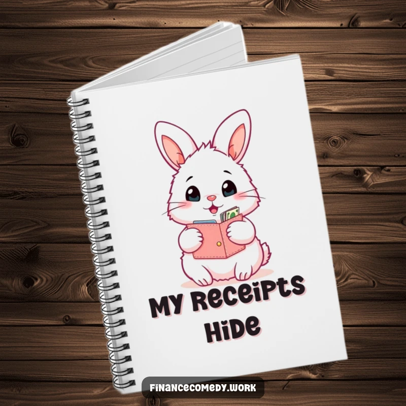 Funny bunny notebook, fluffy rabbit with an open wallet looking surprised by its contents, ideal for notes and funny ideas.