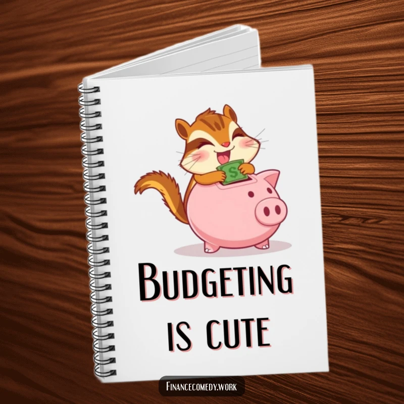 Funny chipmunk notebook, determined character gleefully stuffing money into a piggy bank, ideal for notes and funny financial plans.