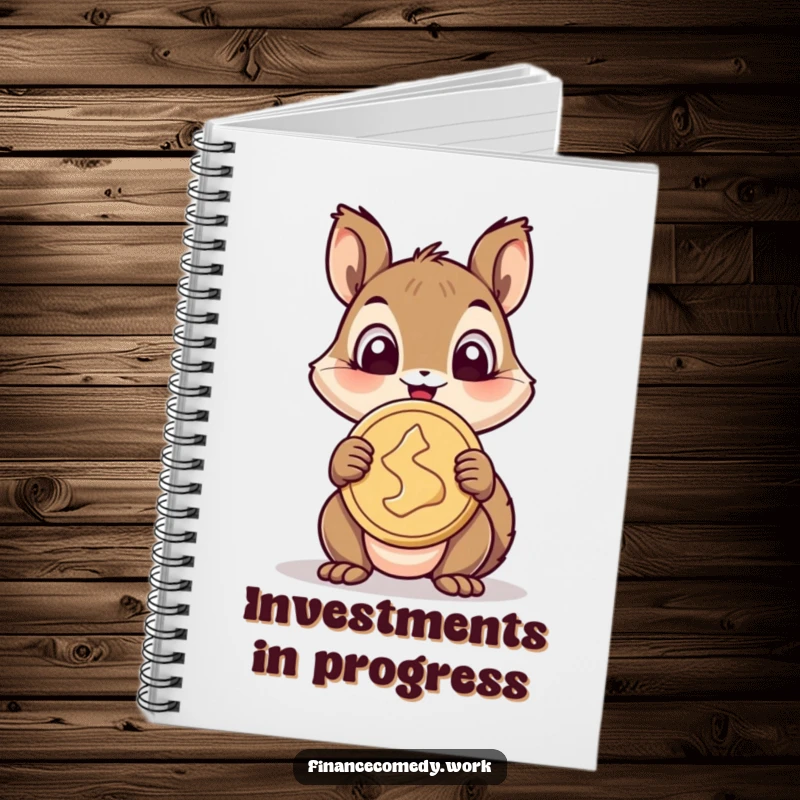 Funny squirrel notebook, cheerful squirrel wide-eyed with delight holding a giant coin, ideal for notes and funny ideas.