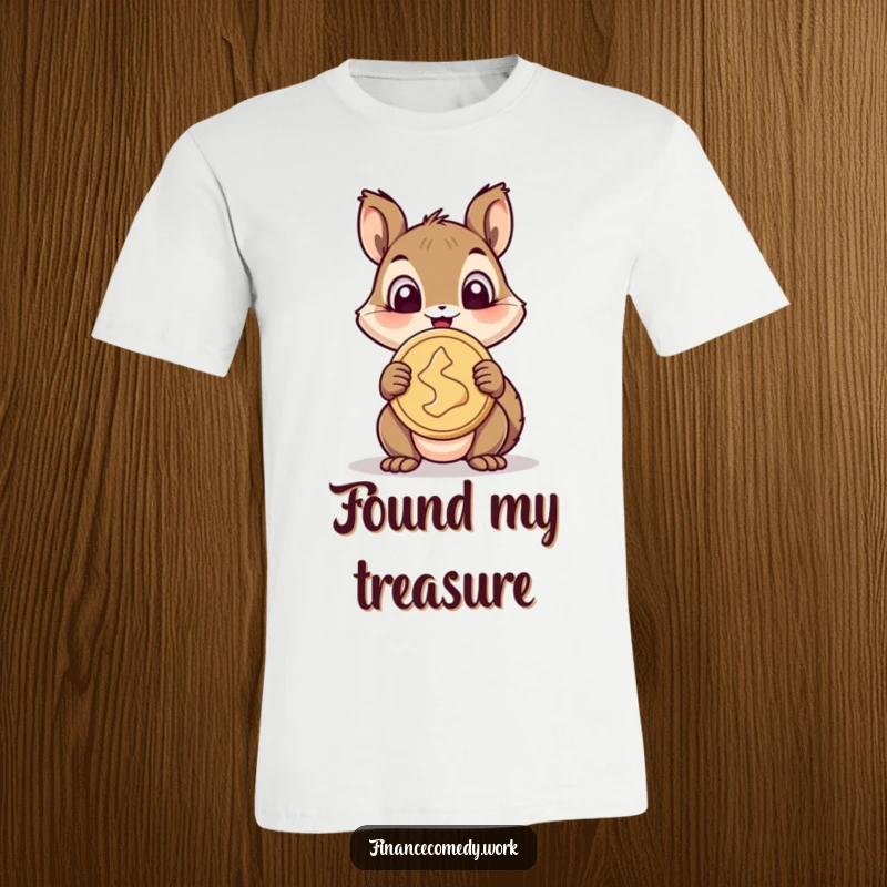 Funny squirrel t-shirt, cheerful character wide-eyed holding a giant coin, symbolizing joy and great fortune, funny gift.