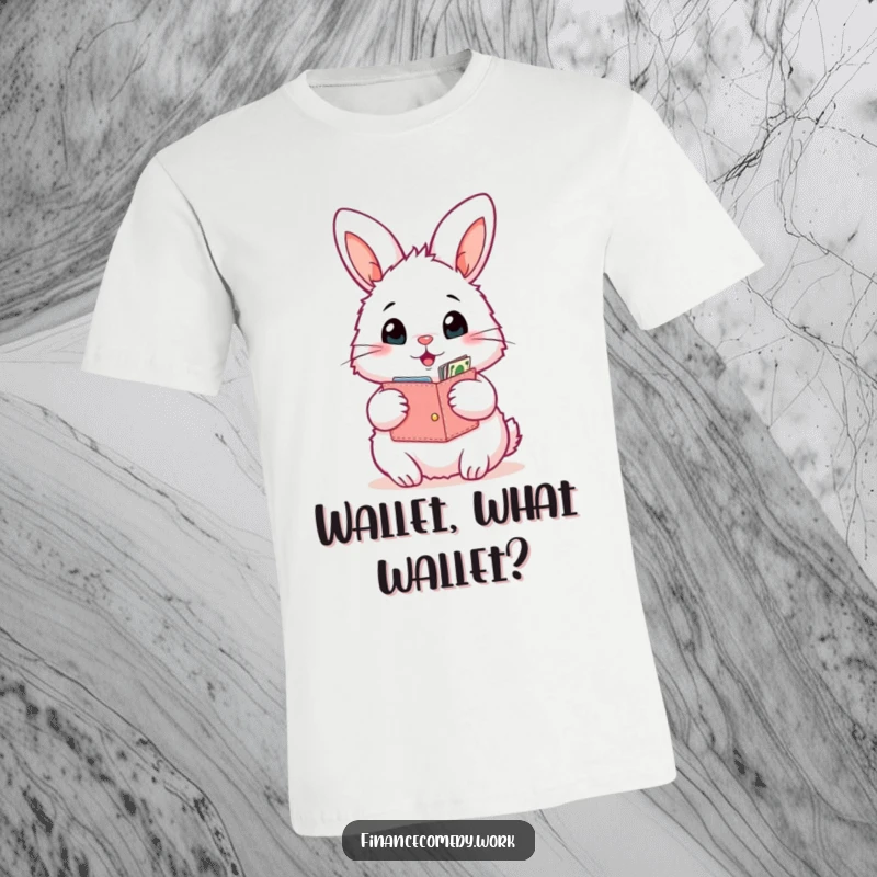 Funny bunny t-shirt, fluffy rabbit with an open wallet looking surprised by its contents, iconic funny gift for surprise lovers.