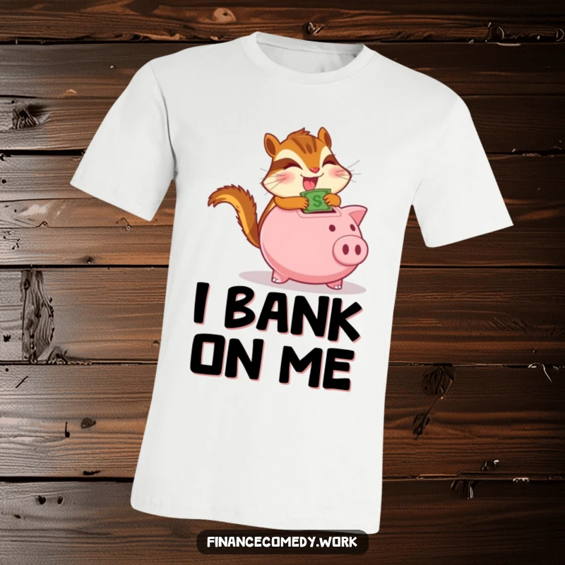 Funny chipmunk t-shirt, determined character gleefully stuffing money into a piggy bank, symbolizing successful saving, funny gift.