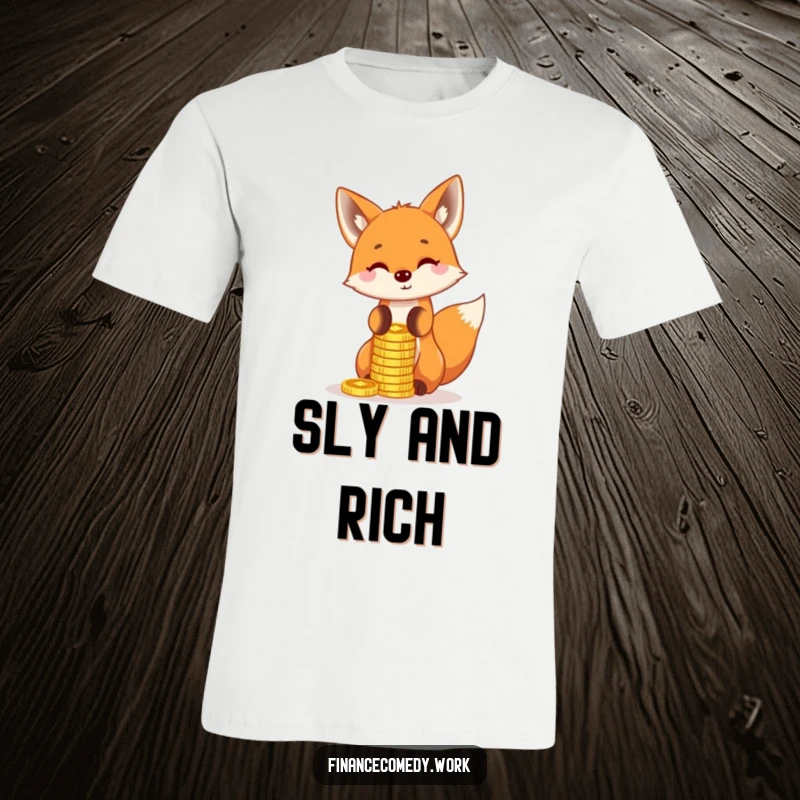 Funny fox t-shirt, playful character balancing a stack of gold coins on its nose, symbolizing skill and humor, excellent funny gift.