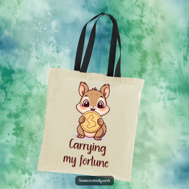 Funny squirrel tote bag, cheerful squirrel wide-eyed holding a giant coin, perfect for shopping and carrying funny treasures.