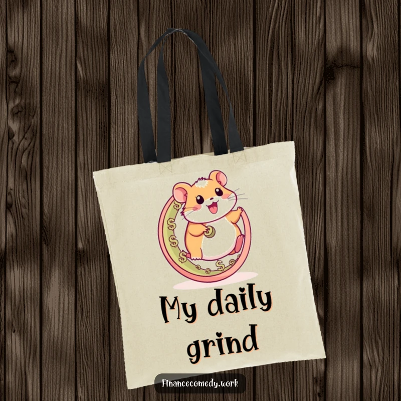 Funny hamster tote bag, happy character running on a wheel made of currency symbols, perfect for shopping and carrying funny items.